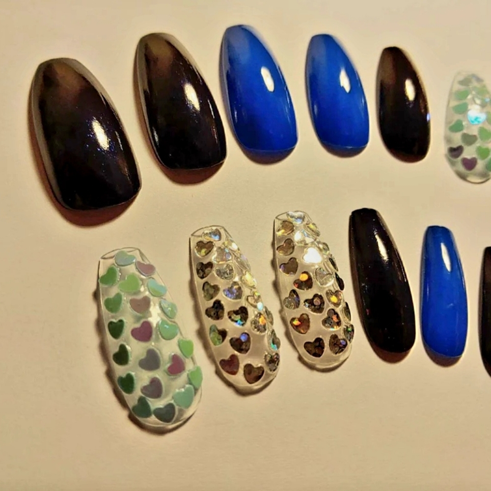 Blue And Navy Heart Nails - Holographic Nails New Hand Painted